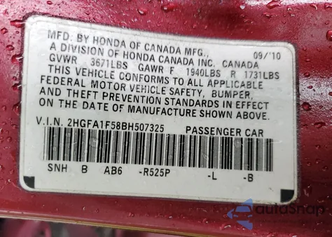 2011 Honda Civic Lx z USA, uszkodzony, nr VIN 2HGFA1F58BH507325